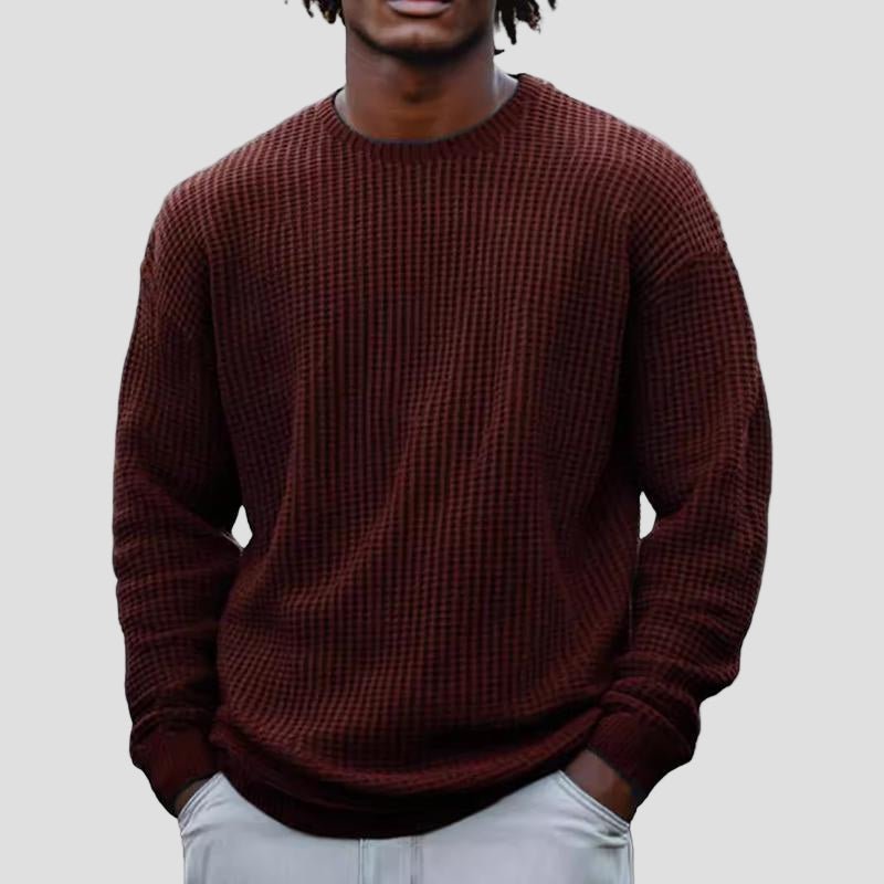 Comfortable Brown Waffle Knit Sweater for Women with Crew Neck Long Sleeve Relaxed Oversized Knit Style