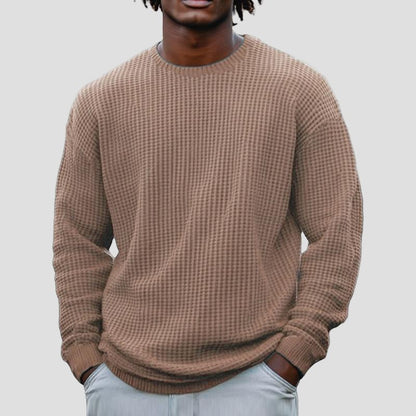 Comfortable Brown Waffle Knit Sweater for Women with Crew Neck Long Sleeve Relaxed Oversized Knit Style
