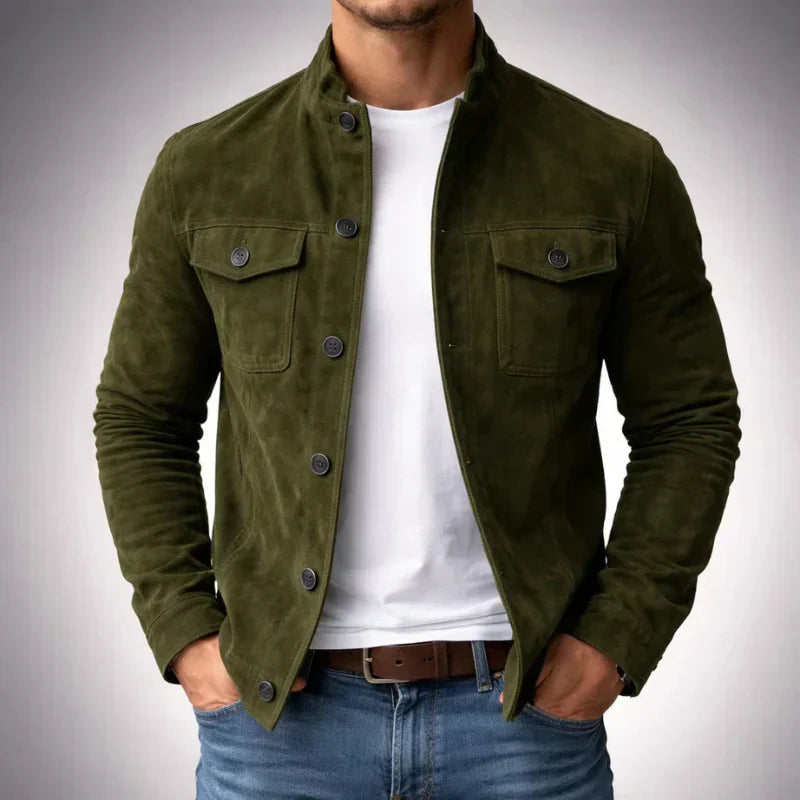 Elegant Suede Jacket for Women with Stand Collar Long Sleeve Button Front Casual Style