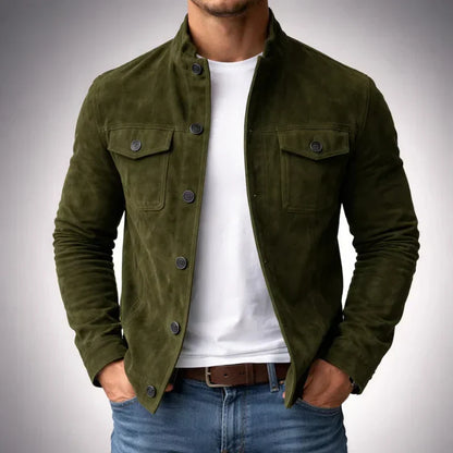 Elegant Suede Jacket for Women with Stand Collar Long Sleeve Button Front Casual Style
