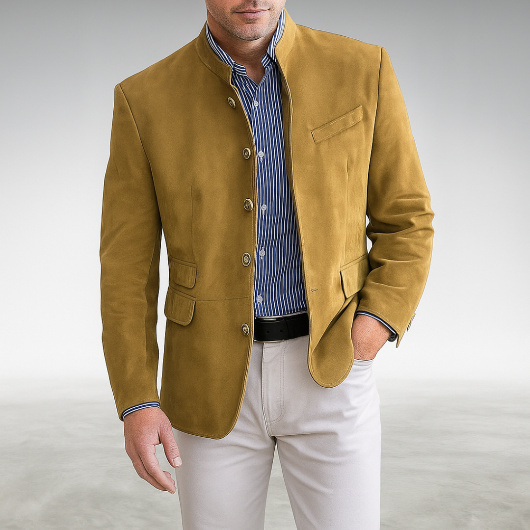Elegant Suede Blazer for Women with Mandarin Collar Long Sleeve Button Front Tailored Style
