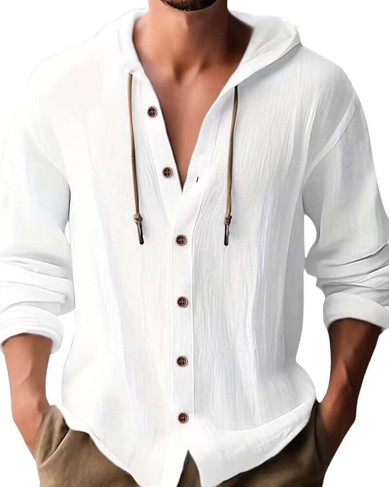 Effortless Linen Shirt for Women with Hooded V Neck Long Sleeve Button Front Relaxed Style