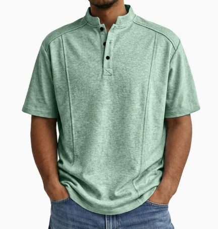 Comfortable Textured Knit Henley Polo for Women with Band Collar Short Sleeve Button Placket Relaxed Casual Style