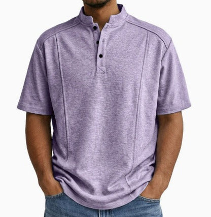 Comfortable Textured Knit Henley Polo for Women with Band Collar Short Sleeve Button Placket Relaxed Casual Style