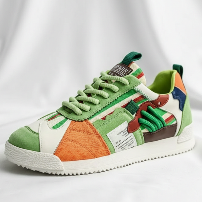 Stylish Colorblock Suede Sneaker for Women with Lace Up Contrast Panel Chunky Sole Retro Style