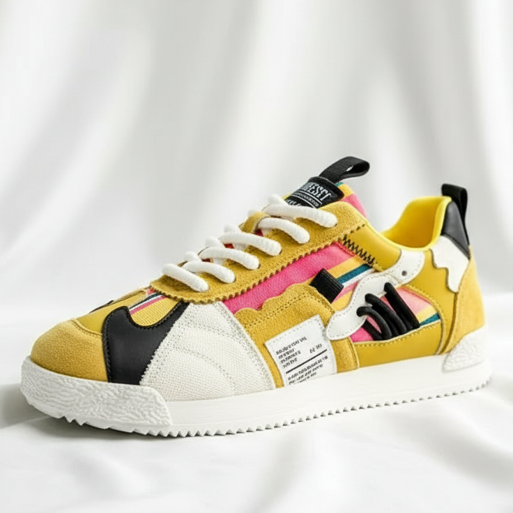 Stylish Colorblock Suede Sneaker for Women with Lace Up Contrast Panel Chunky Sole Retro Style