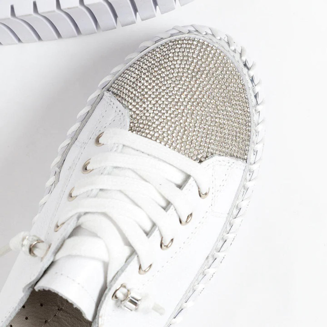 Elegant Silver Rhinestone Platform Sneaker for Women with Round Toe Lace Up Quilted Trim Casual Style