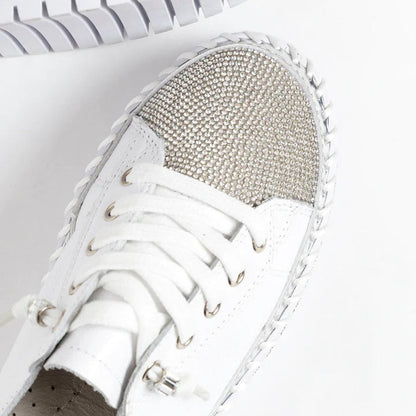 Elegant Silver Rhinestone Platform Sneaker for Women with Round Toe Lace Up Quilted Trim Casual Style