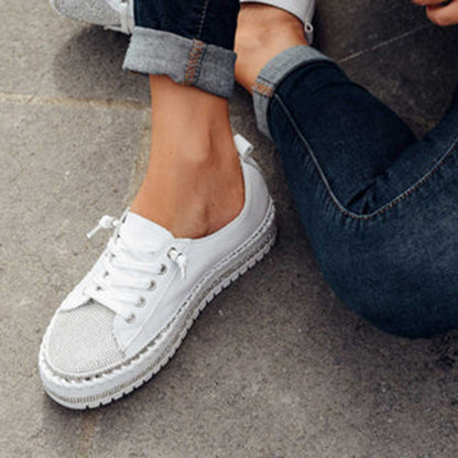 Elegant Silver Rhinestone Platform Sneaker for Women with Round Toe Lace Up Quilted Trim Casual Style
