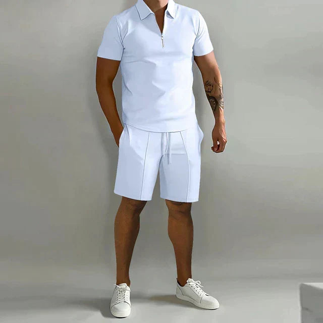Effortless Polo Two Piece Set for Women with Zip Collar Short Sleeve Drawstring Shorts Casual Style