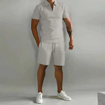 Effortless Polo Two Piece Set for Women with Zip Collar Short Sleeve Drawstring Shorts Casual Style