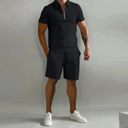 Effortless Polo Two Piece Set for Women with Zip Collar Short Sleeve Drawstring Shorts Casual Style