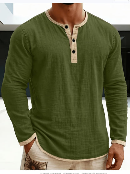 Effortless Linen Henley Shirt for Women with Contrast Trim Button Placket Long Sleeve Relaxed Style