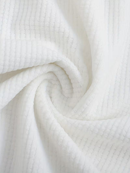 Effortless White Waffle Knit Shirt for Women with Band Collar Long Sleeve Button Placket Relaxed Style