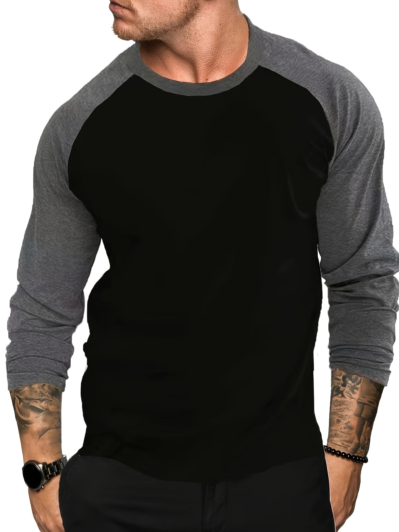 Effortless Black and Grey Colorblock Raglan Shirt for Women with Crew Neck Long Sleeve Relaxed Casual Style