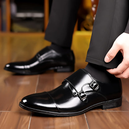 Elegant Leather Monk Strap Shoe for Women with Double Buckle Cap Toe Loafer Style