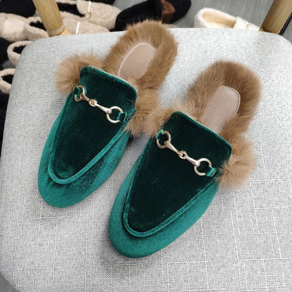 Comfortable Mules for Women with Faux Fur Lining Buckle Detail Slip On Style
