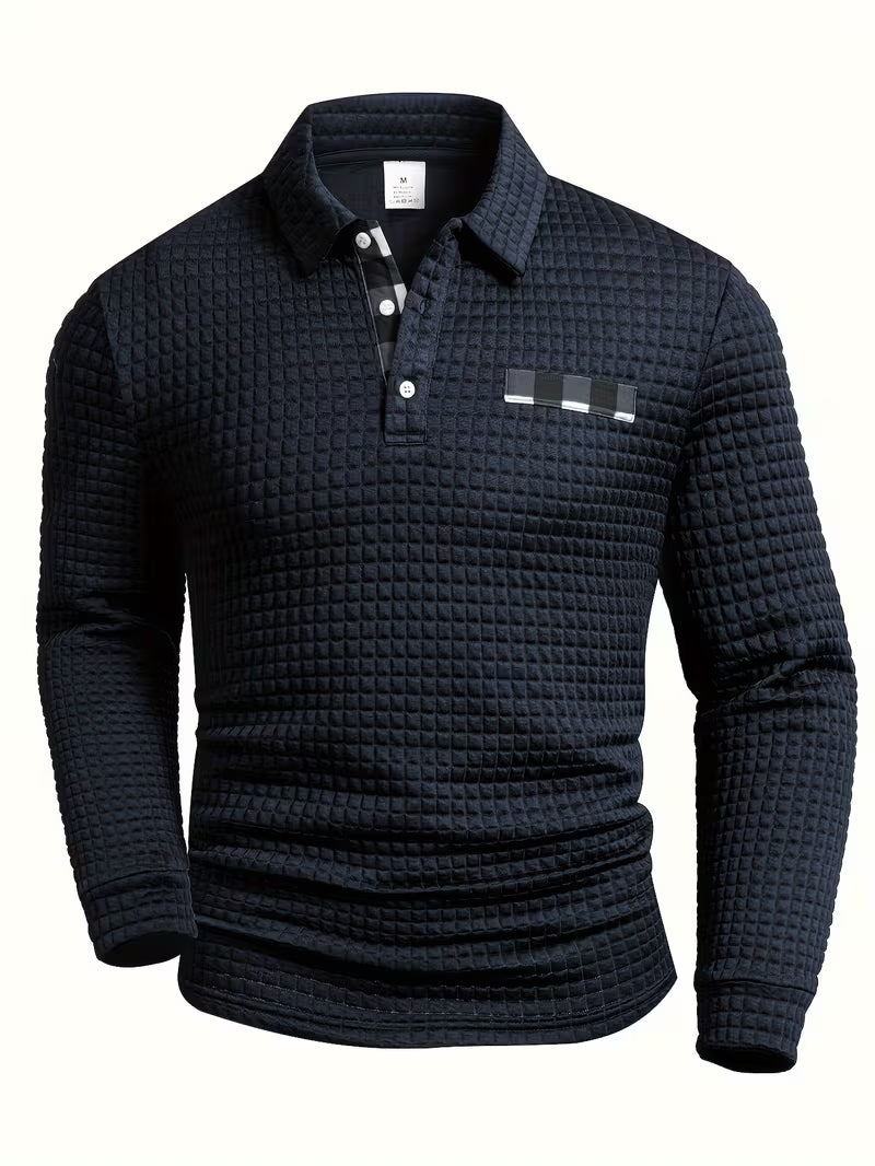 Comfortable Waffle Knit Polo Shirt for Women with Collared Long Sleeve Button Placket Plaid Trim Casual Style