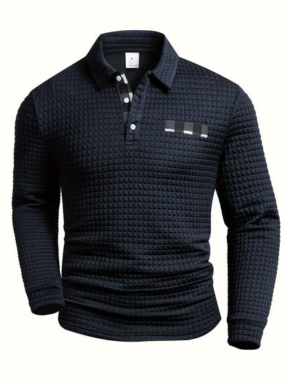 Comfortable Waffle Knit Polo Shirt for Women with Collared Long Sleeve Button Placket Plaid Trim Casual Style
