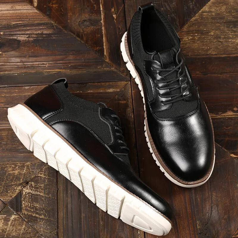 Stylish Leather Sneaker for Women with Round Toe Lace-Up Knit Panel Lug Sole Casual Style