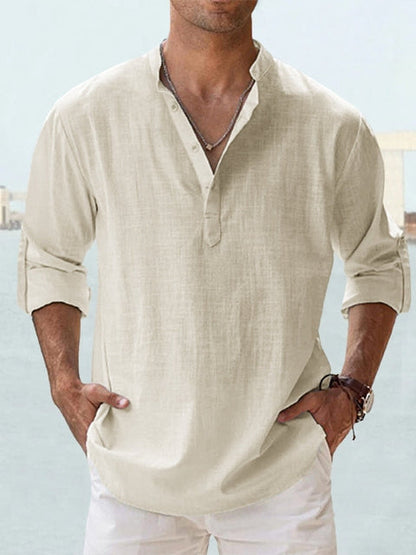 Effortless Linen Shirt for Women with Band Collar Long Sleeve Button Placket Relaxed Style