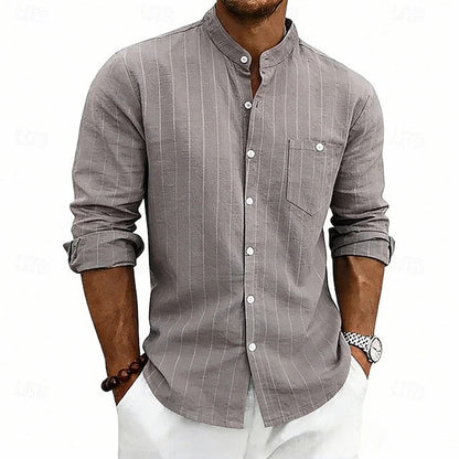 Effortless Striped Linen Shirt for Women with Band Collar Long Sleeve Chest Pocket Casual Style