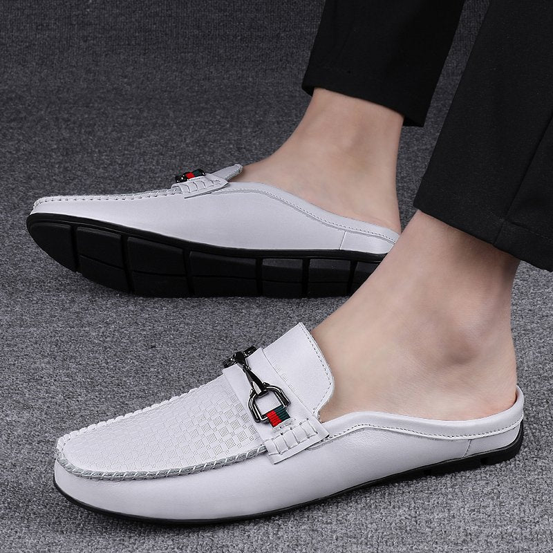 Effortless Leather Mule Loafer for Women with Horsebit Buckle Woven Panel Backless Casual Style