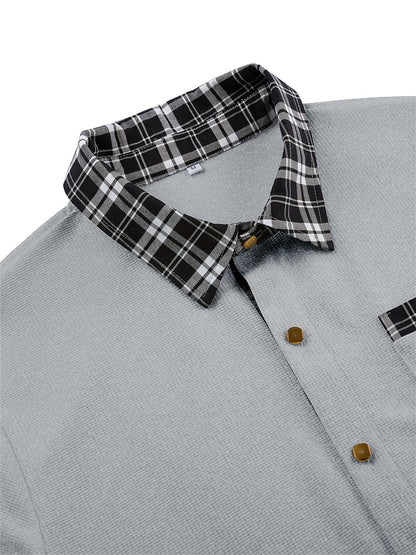 Effortless White Plaid Trim Button Down Shirt for Women with Collar Long Sleeve Chest Pocket Casual Style