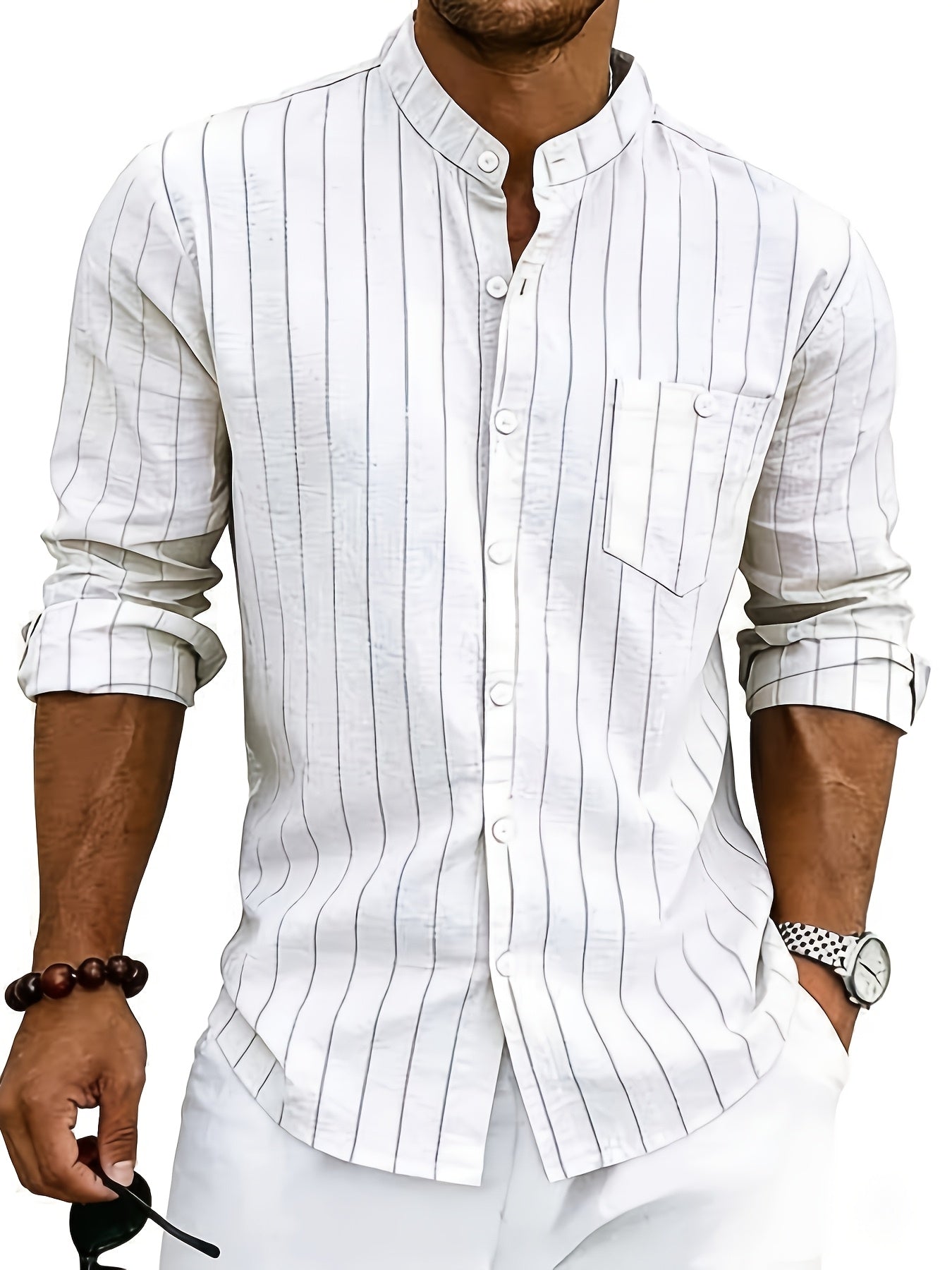Effortless White Pinstripe Linen Shirt for Women with Band Collar Long Sleeve Button Front Relaxed Style