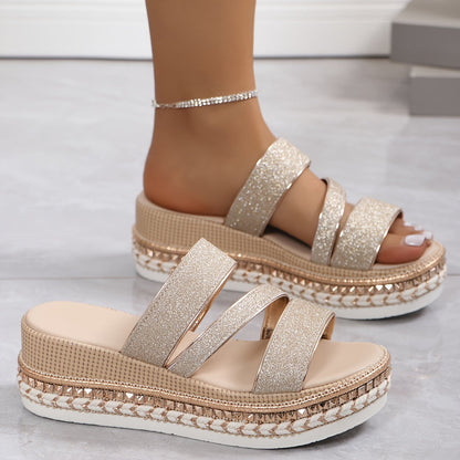 Comfortable Gold Platform Sandals for Women with Double Strap Espadrille Braided Slide Style