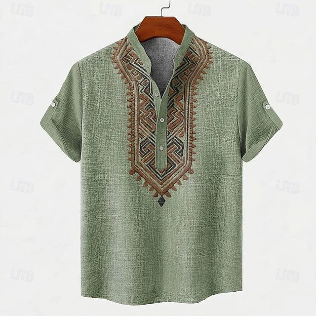 Effortless Embroidered Linen Blouse for Women with Stand Collar Short Sleeve Roll Tab Casual Style