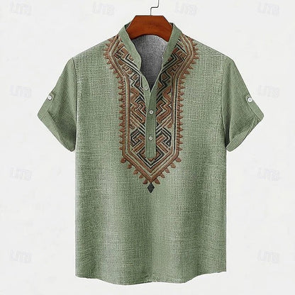 Effortless Embroidered Linen Blouse for Women with Stand Collar Short Sleeve Roll Tab Casual Style