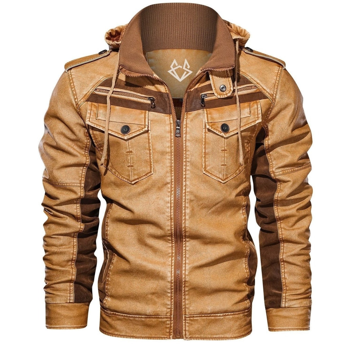 Stylish Leather Jacket for Women with Hooded Stand Collar Long Sleeve Zip Pocket Casual Style