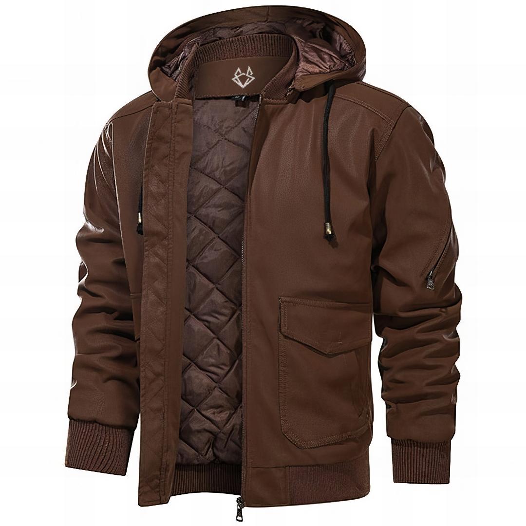 Effortless Faux Leather Jacket for Women with Hooded Long Sleeve Quilted Cargo Pocket Casual Style