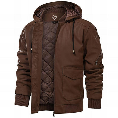 Effortless Faux Leather Jacket for Women with Hooded Long Sleeve Quilted Cargo Pocket Casual Style