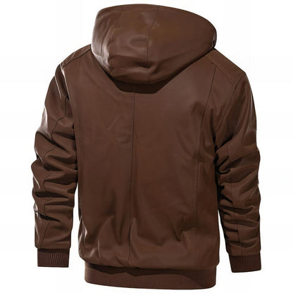 Effortless Faux Leather Jacket for Women with Hooded Long Sleeve Quilted Cargo Pocket Casual Style