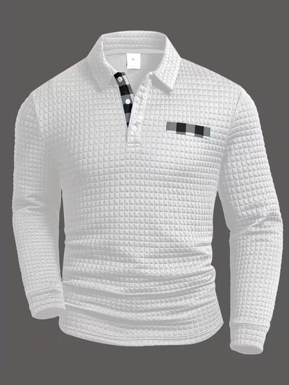 Comfortable Waffle Knit Polo Shirt for Women with Collared Long Sleeve Button Placket Plaid Trim Casual Style