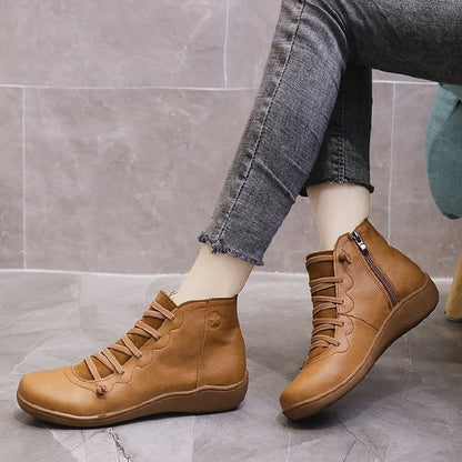Comfortable Leather Ankle Boots for Women with Lace Up Zipper Wedge Sole Casual Style