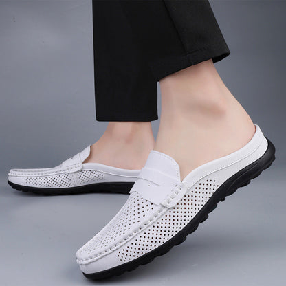 Effortless Perforated Leather Loafer Mule for Women with Backless Penny Strap Slip On Casual Style
