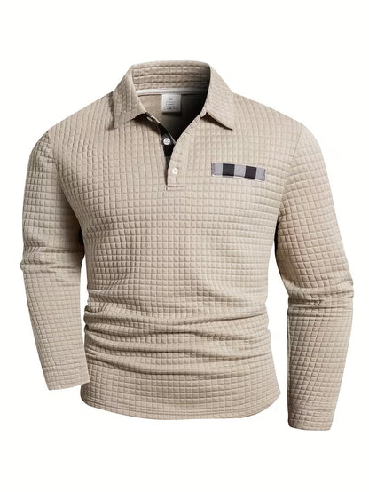 Comfortable Waffle Knit Polo Shirt for Women with Collared Long Sleeve Button Placket Plaid Trim Casual Style