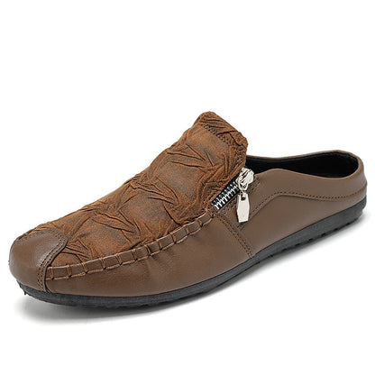 Effortless Leather Mule Loafer for Women with Backless Zipper Accent Hand Stitched Casual Style