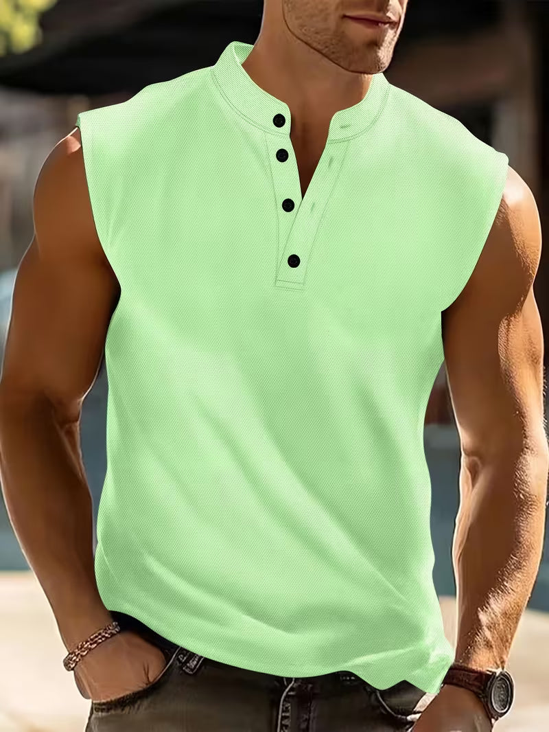Effortless Ribbed Knit Henley Tank Top for Women with Stand Collar Sleeveless Button Placket Casual Style