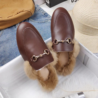 Comfortable Mules for Women with Faux Fur Lining Buckle Detail Slip On Style