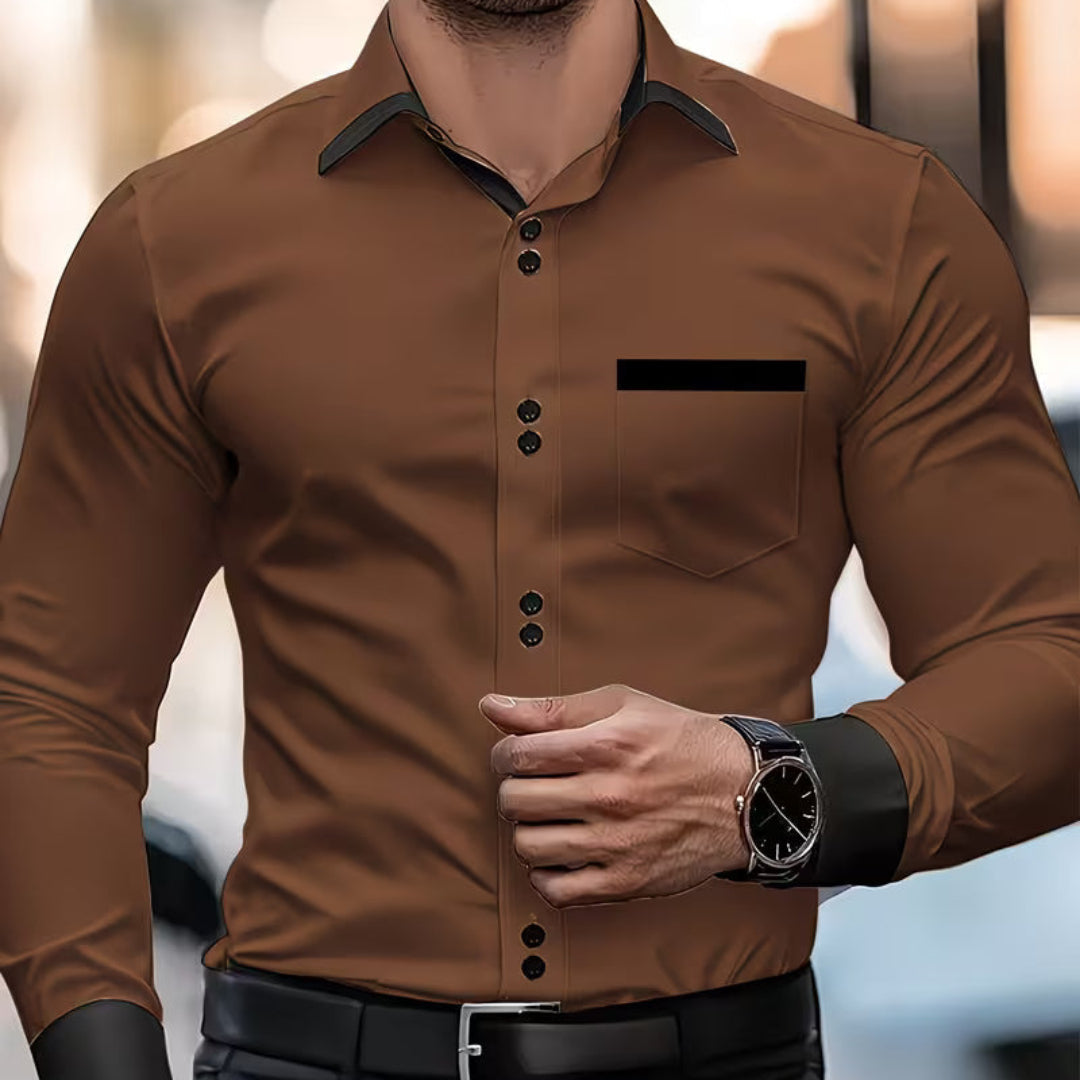 Elegant Contrast Trim Button Up Shirt for Women with Point Collar Long Sleeve Chest Pocket Relaxed Style