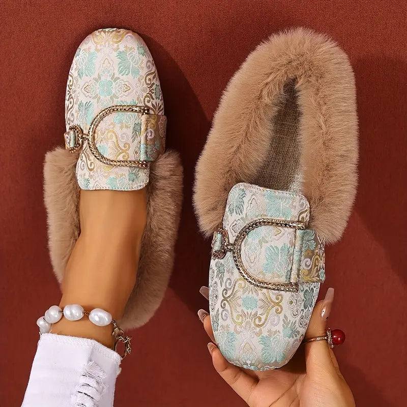 Stylish Beige House Shoes for Women with Faux Fur Lining Buckle Detail Printed Slip On Style