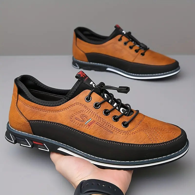 Stylish Leather Sneakers for Women with Lace Up Round Toe Color Block Casual Style