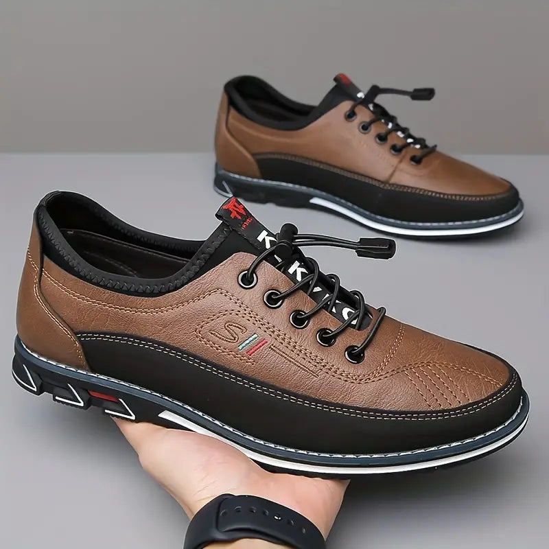 Stylish Leather Sneakers for Women with Lace Up Round Toe Color Block Casual Style