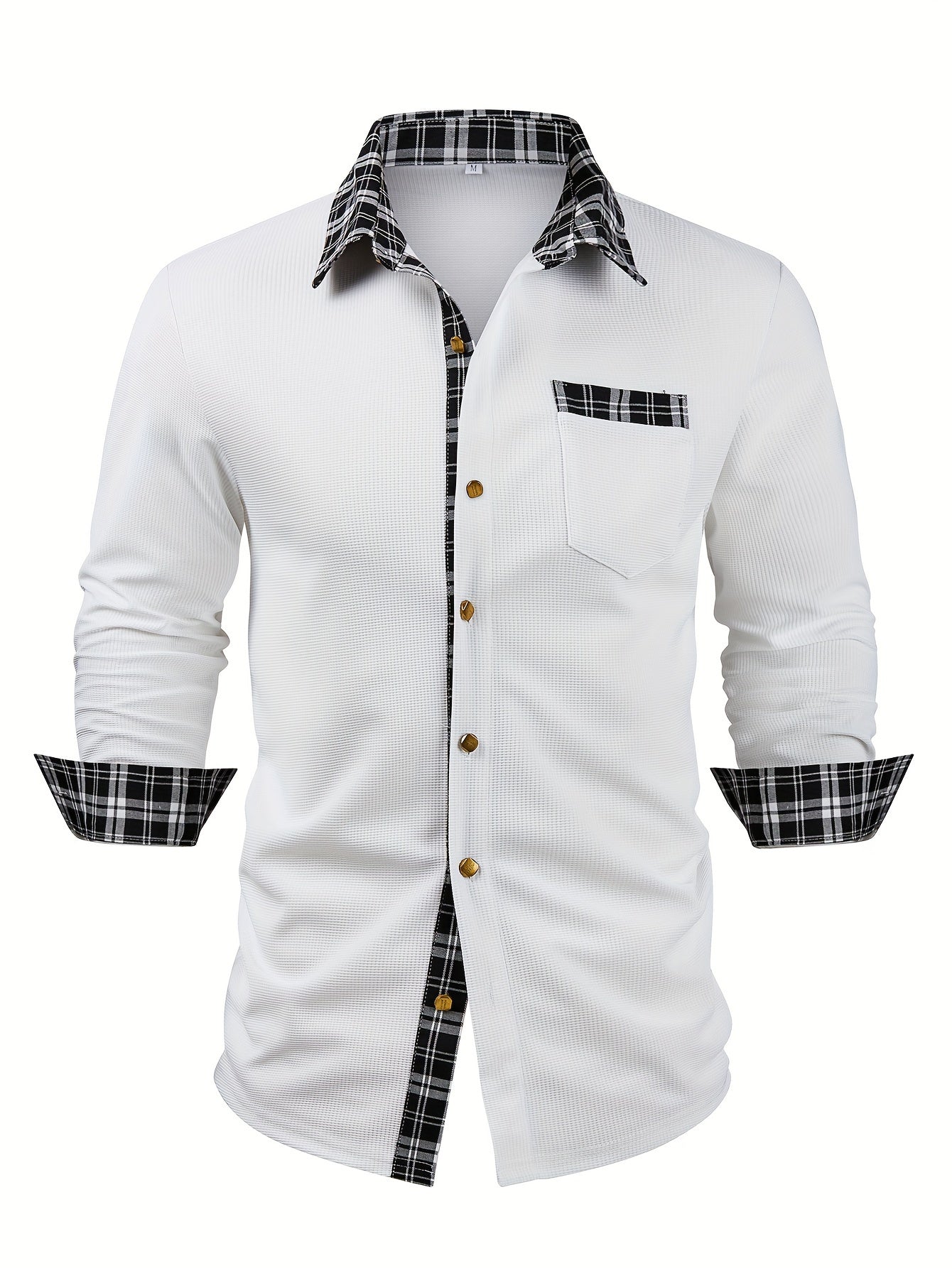 Effortless White Plaid Trim Button Down Shirt for Women with Collar Long Sleeve Chest Pocket Casual Style