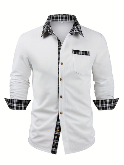 Effortless White Plaid Trim Button Down Shirt for Women with Collar Long Sleeve Chest Pocket Casual Style