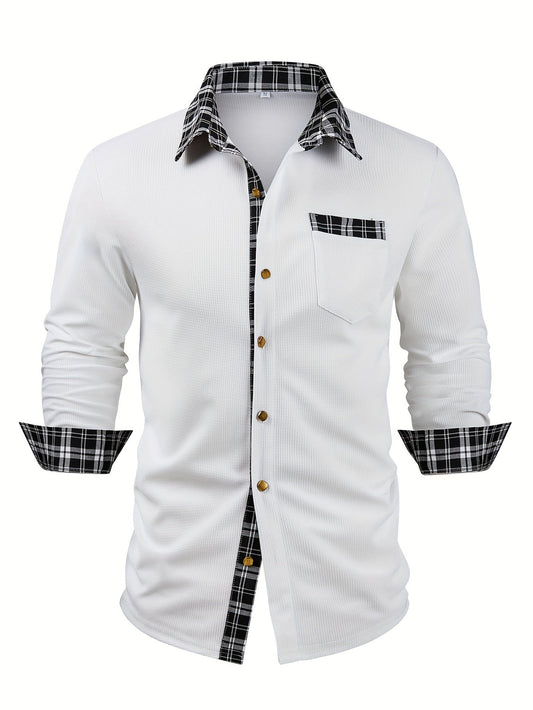 Effortless White Plaid Trim Button Down Shirt for Women with Collar Long Sleeve Chest Pocket Casual Style